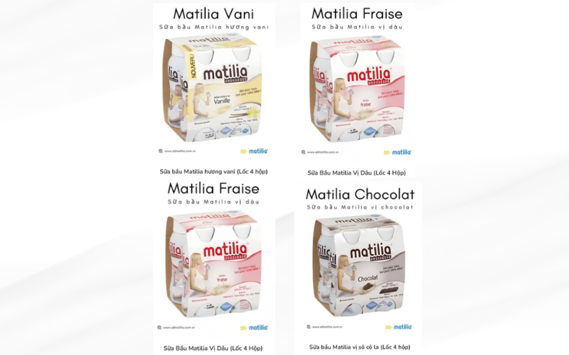 Sữa bầu Matilia được bán ra có 04 hương vị rất dễ uống bao gồm: Vani, Biscuit (bánh quy), dâu và socola. 