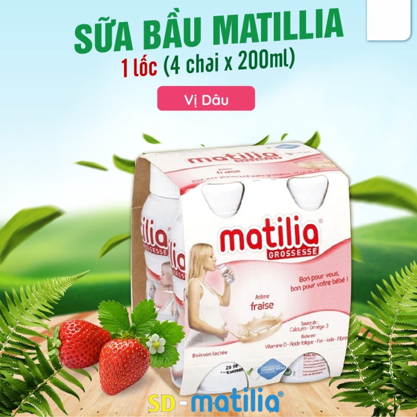 Sữa bầu Matilia Grossesse vị dâu được đóng chai, pha sẵn tiện dụng, sản phẩm sữa sẽ ngon hơn khi uống lạnh