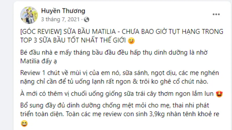 Sữa Matilia có mấy loại: Feedback của khách hàng