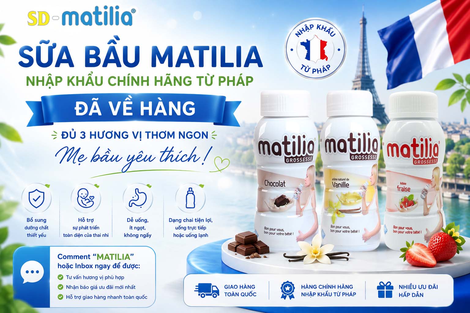 Sữa bầu Matilia nhập khẩu chính hãng từ Pháp đã về hàng – Đủ hương vị thơm ngon được mẹ bầu yêu thích