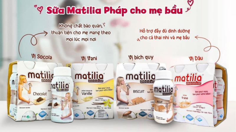 Sữa bầu Matilia với 4 hương vị được sản xuất theo công thức riêng, đặc biệt thích hợp cho mẹ bầu ốm nghén